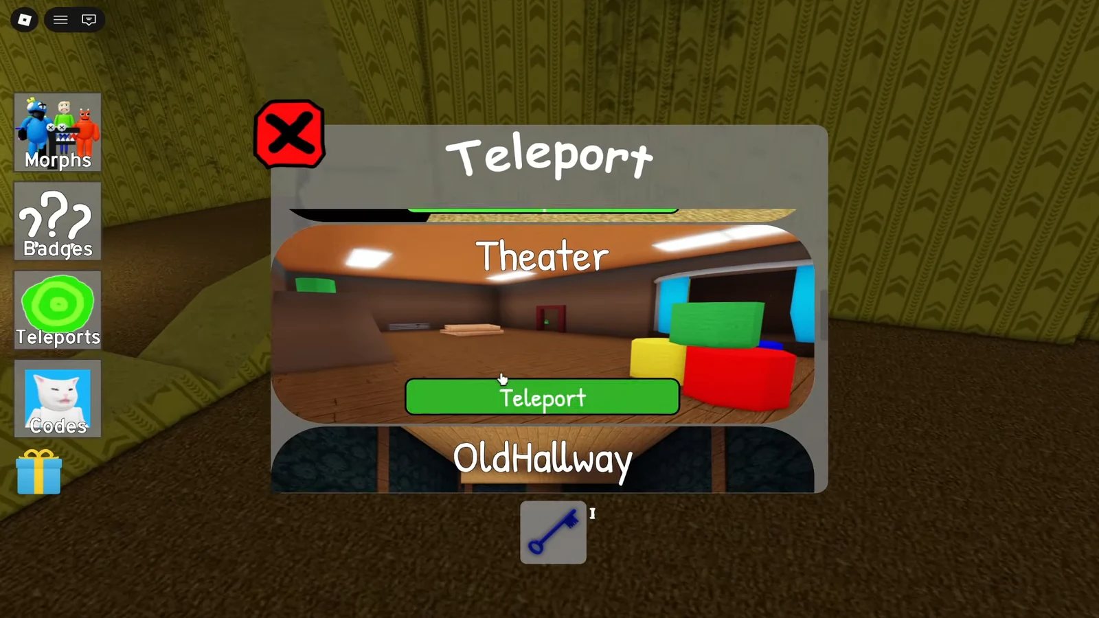 Teleport menu open with the Theater destination selected and the green Teleport button ready