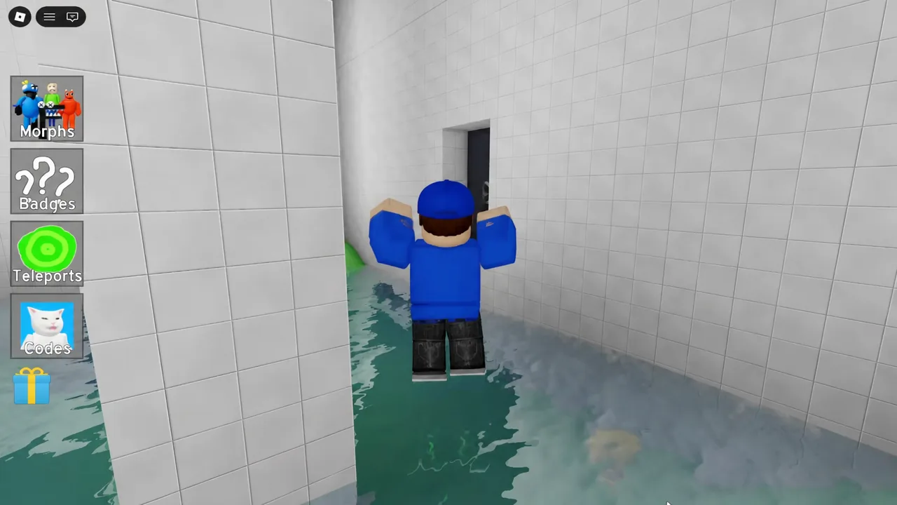 Player wading through the flooded tiled room past the PICK THE RIGHT ONE door