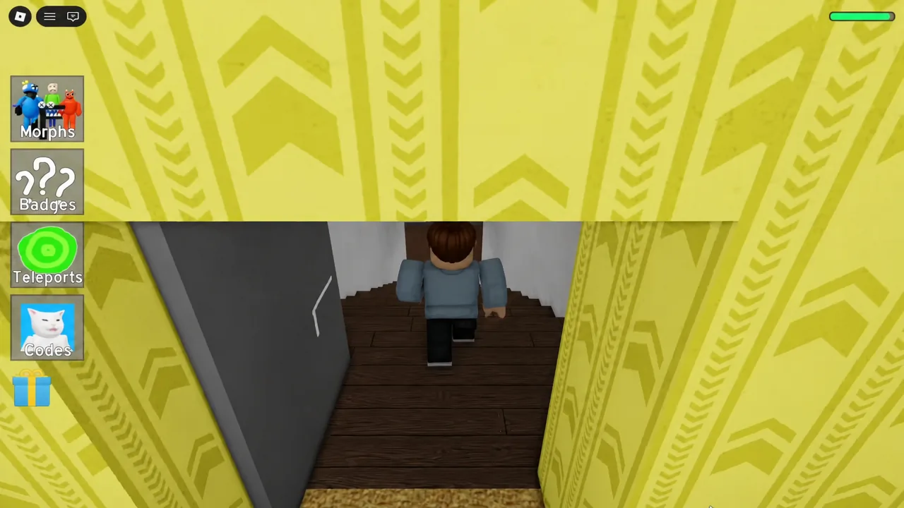 Avatar moving along the maze stairs with the Morphs, Badges, Teleports and Codes buttons on the left