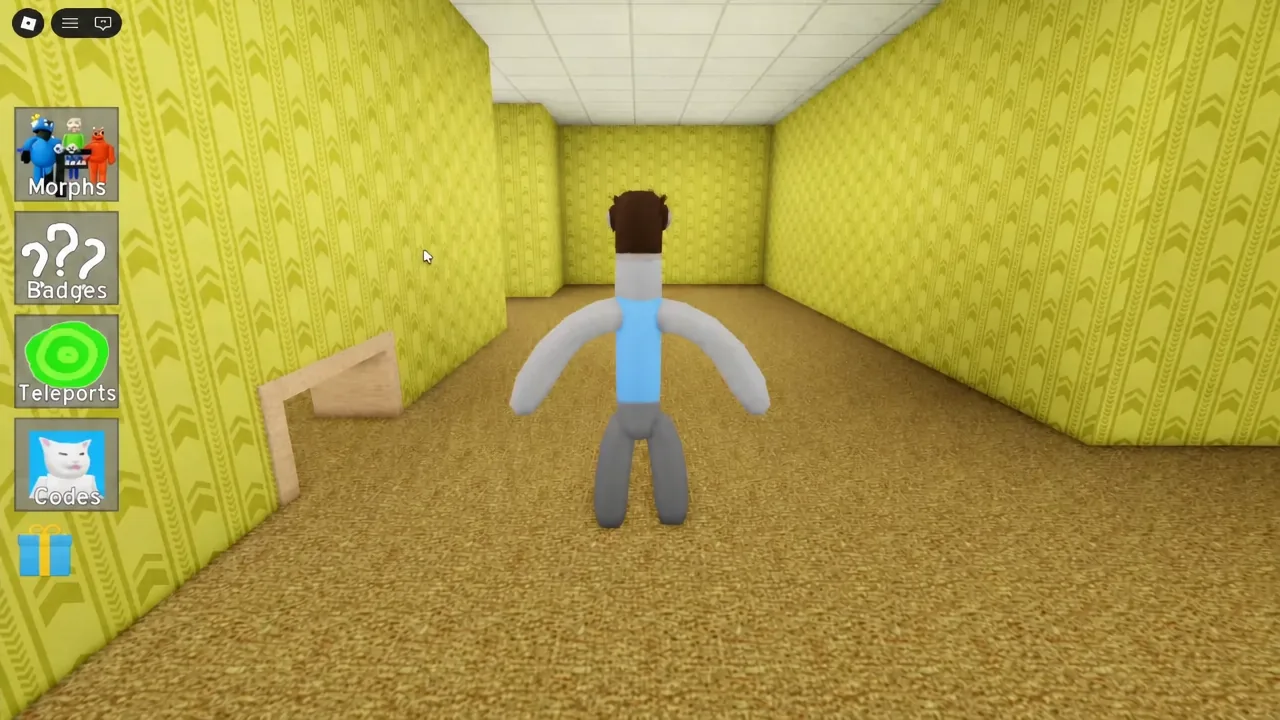 Avatar searching a yellow lower-level corridor with the Codes button visible on the left
