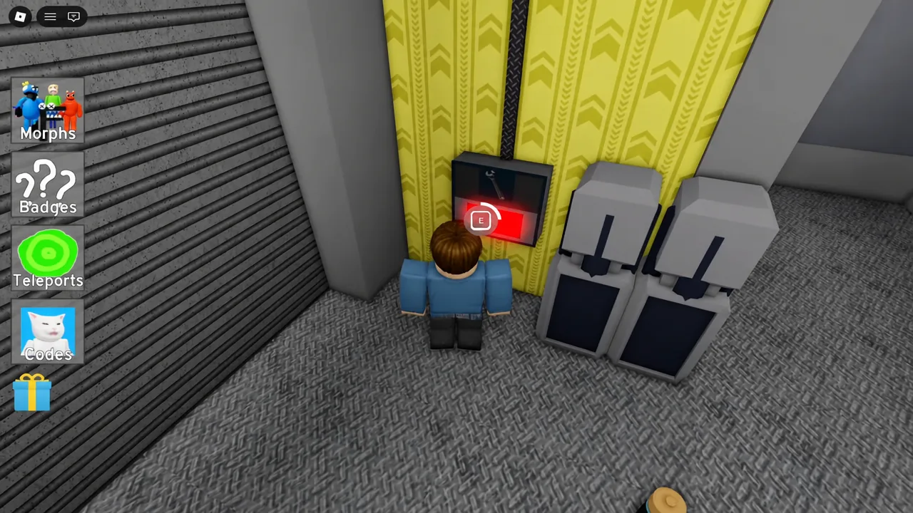 Red wall control panel highlighted with an E interact prompt before the shutter door opens