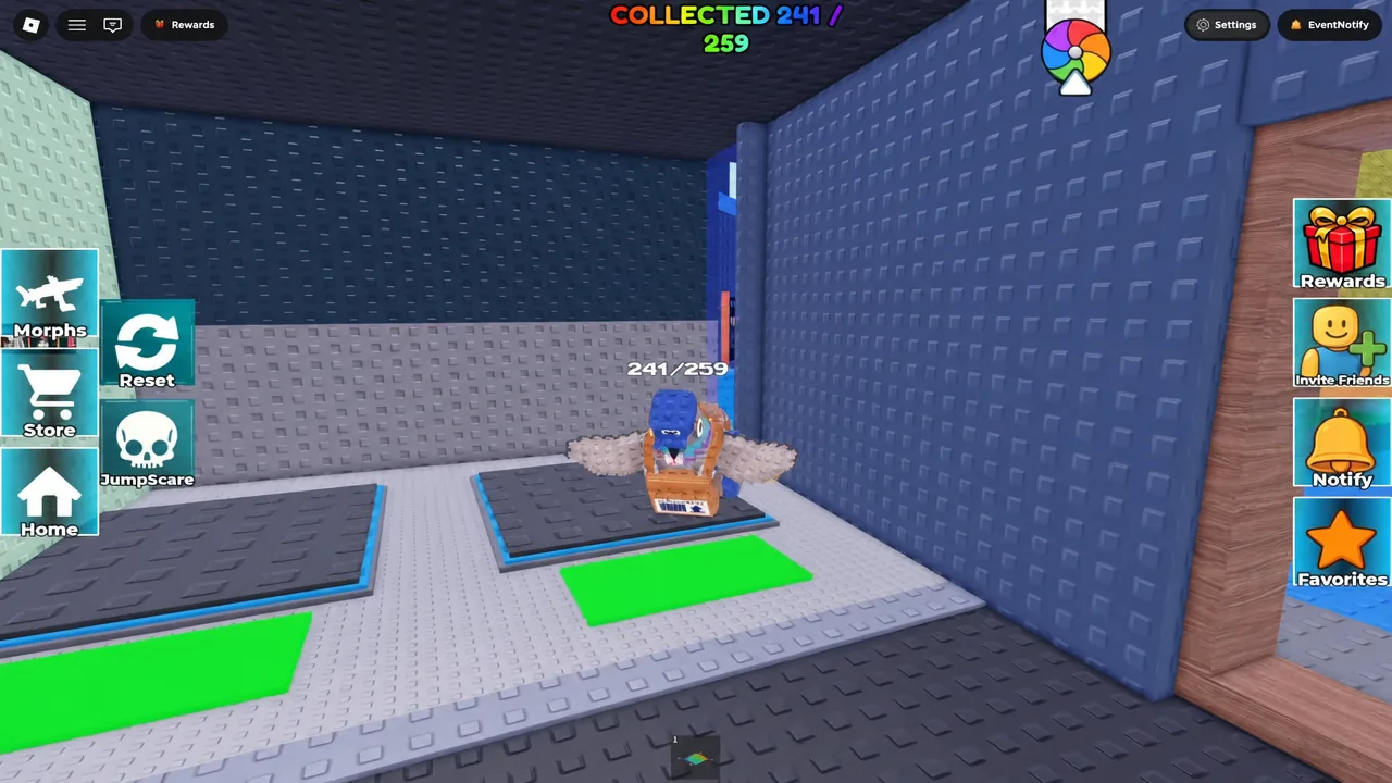 Gub morph equipped while walking through the yellow Backrooms-style maze corridors