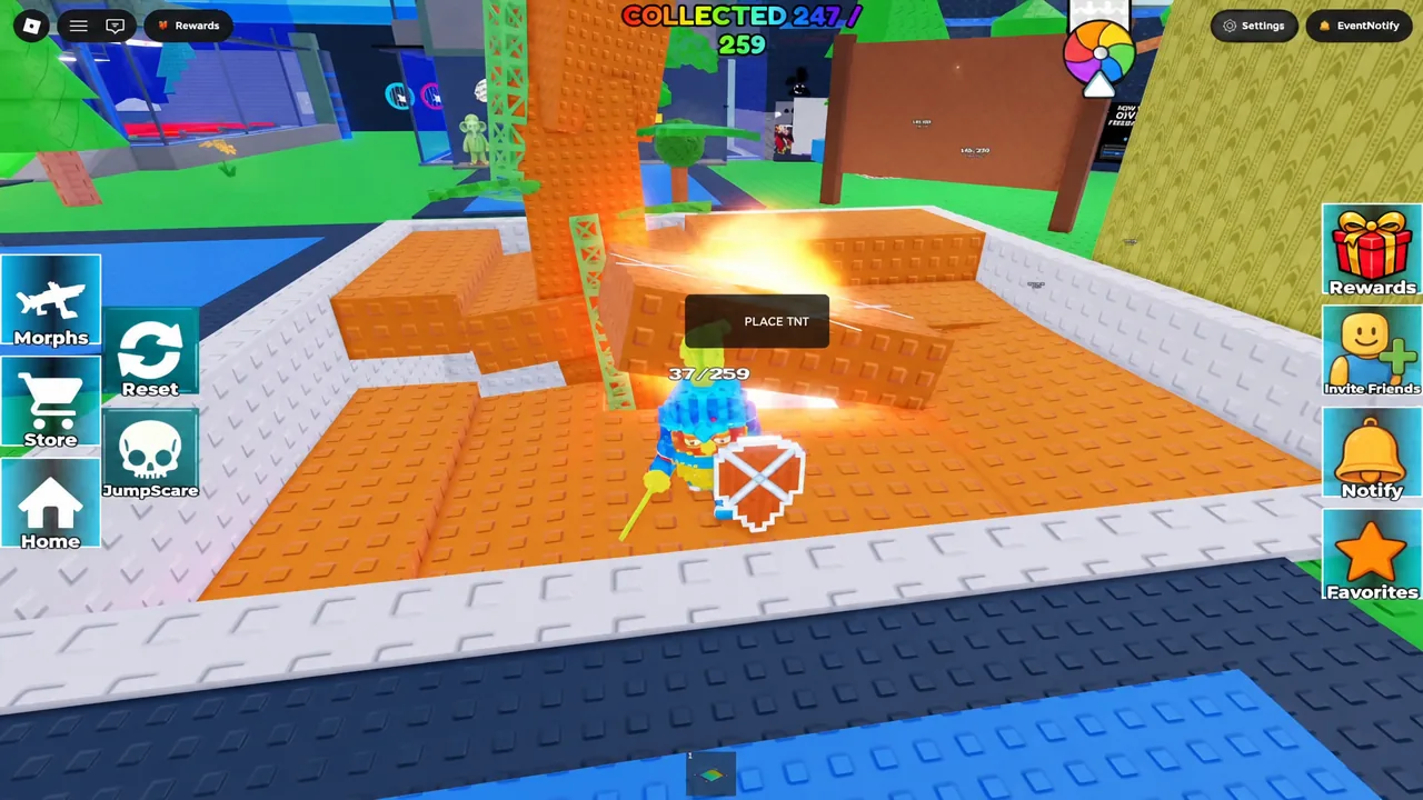 Player carrying the TNT block toward the marked spot with the collection HUD on screen