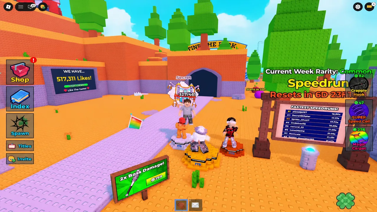 Puffino Builderino hovering in the air beside the spawn leaderboard board
