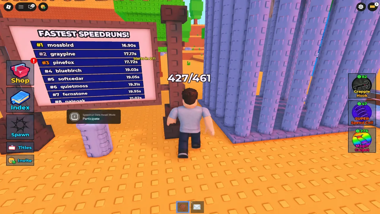 Spawn-area leaderboard boards with the speedrun reset station prompt on screen