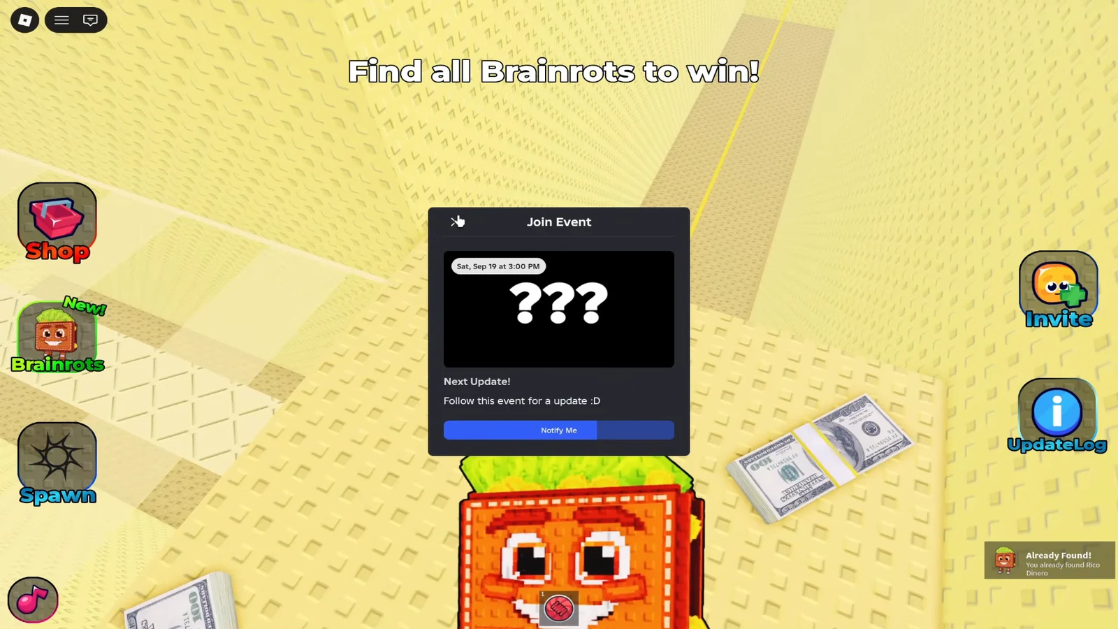 Join Event dialog open in Roblox with a Notify Me button for the Find the Brainrot event