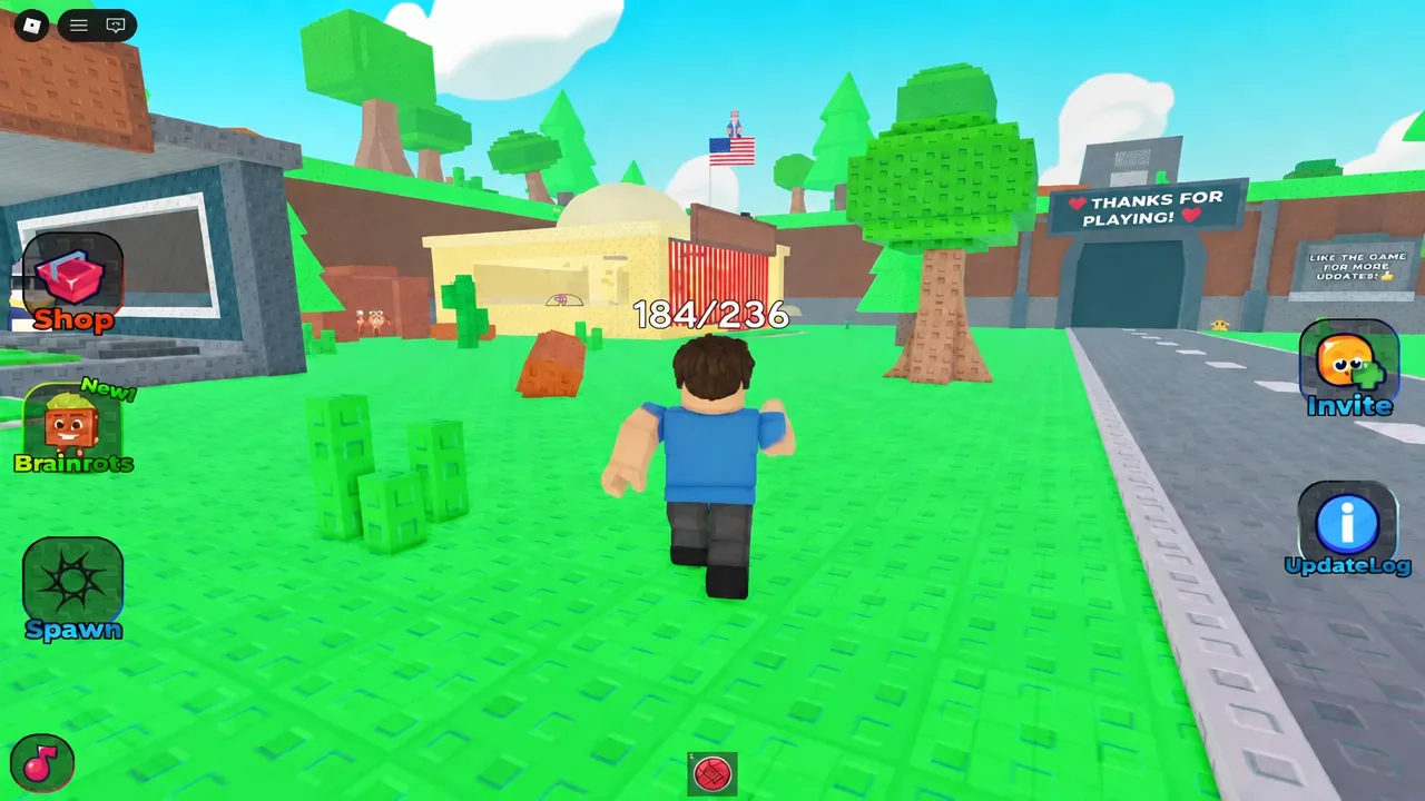 Player avatar running forward through the Find the Brainrot hub area toward the portal route