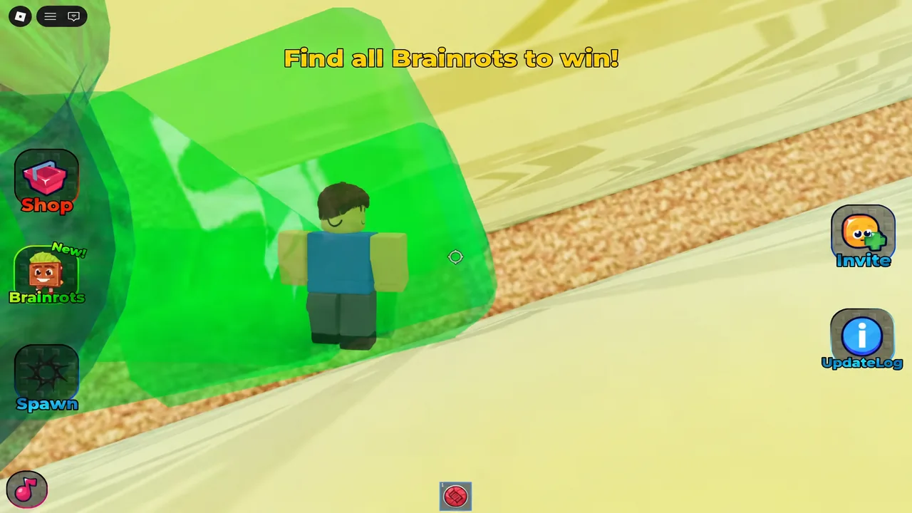 Gameplay view with the Brainrots button on the left while searching the map for new characters
