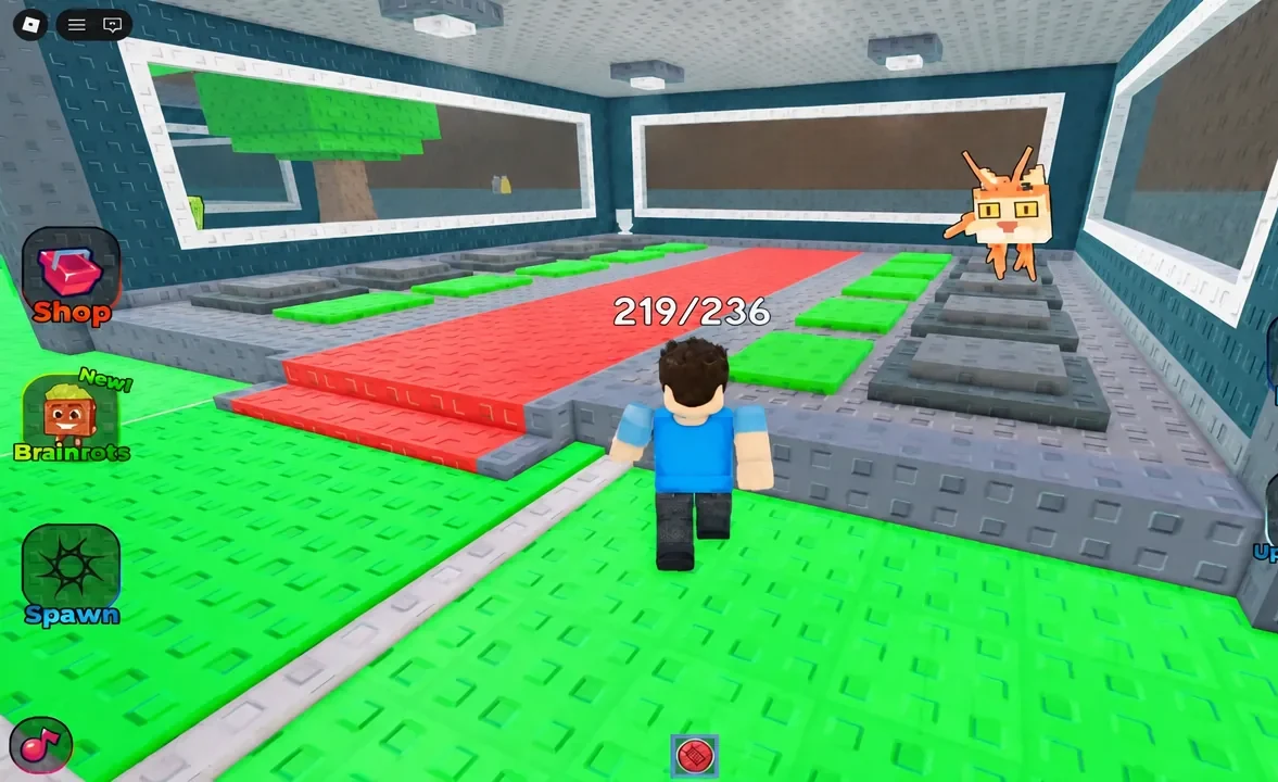 Avatar walking toward a large orange creature on the map with the Shop button on the left
