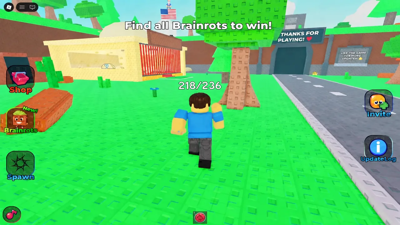 On-screen Find all Brainrots to win prompt with the Brainrots menu button flagged New on the left