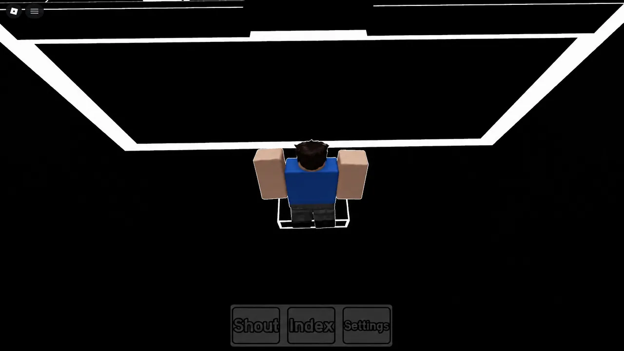 Character resting on the ground in Find the OSC with the Shout, Index, and Settings buttons on screen