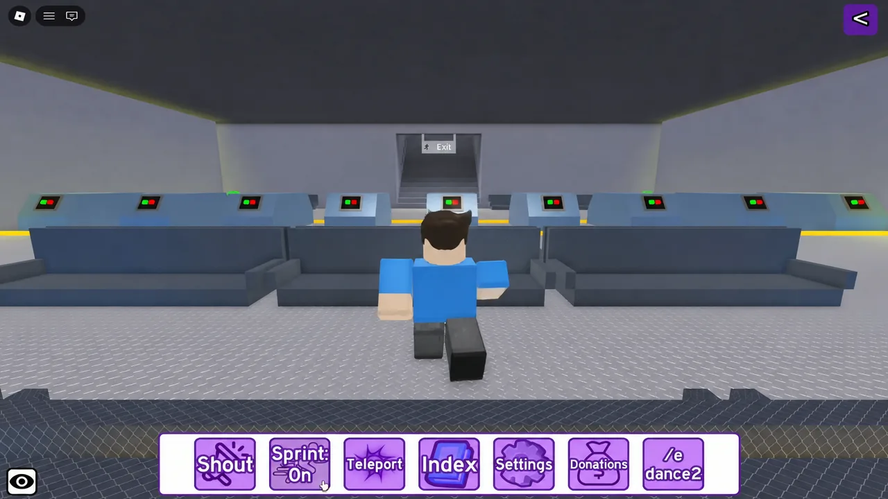 Avatar sprinting toward an Exit door with the Sprint On button active on the action bar