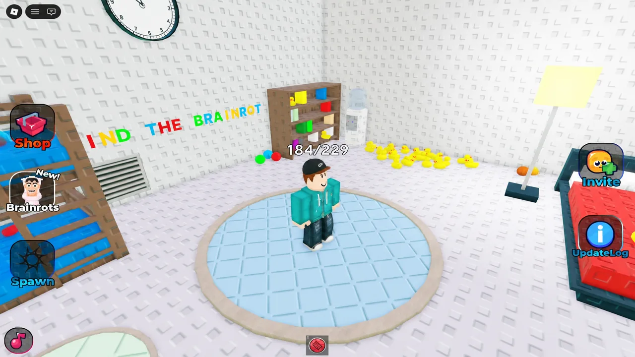 Player standing on the central spawn pad with the Shop, Brainrots and Spawn buttons on screen