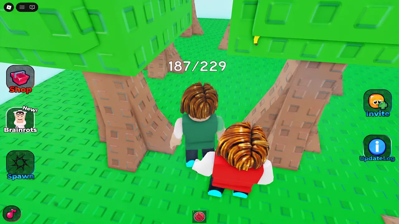 Two players on a brick obstacle course with the collection counter reading 187 out of 229
