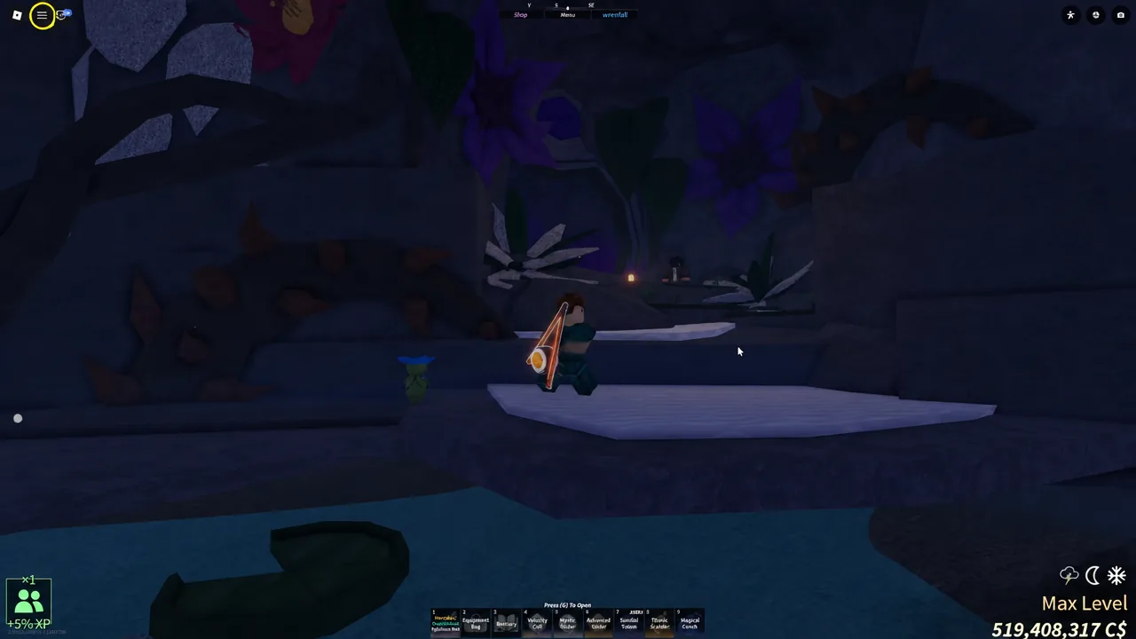 The game menu button highlighted in the top-left corner of the screen before spawning a boat