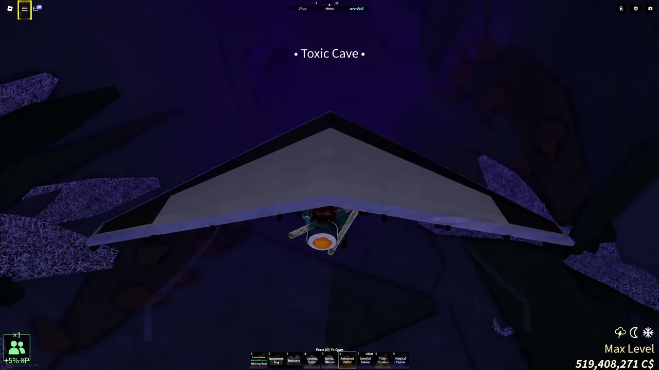 Inside the Toxic Cave with the menu button selected to spawn the Toxic-Proof Raft