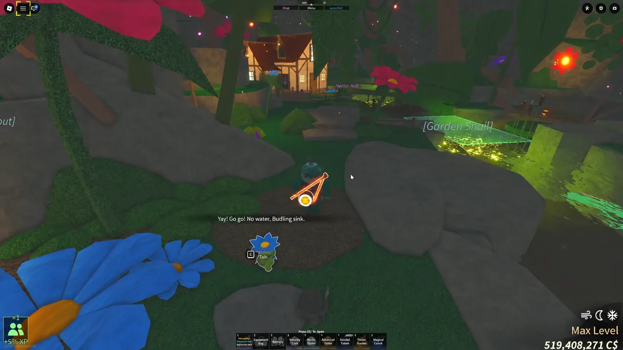 The E Talk prompt highlighted over a nearby NPC with dialogue text on screen