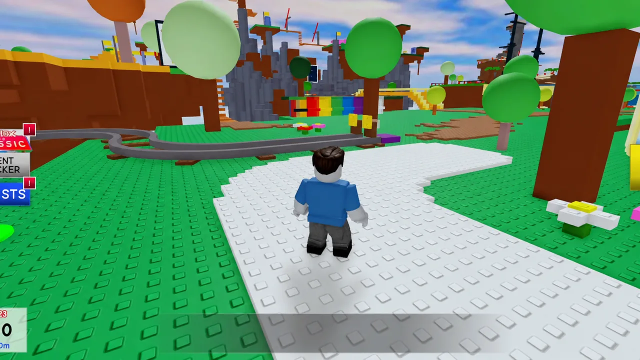 Roblox avatar walking along a path in the event hub area