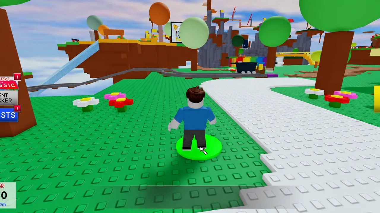 Player avatar standing on a glowing green spawn pad inside the Roblox event hub