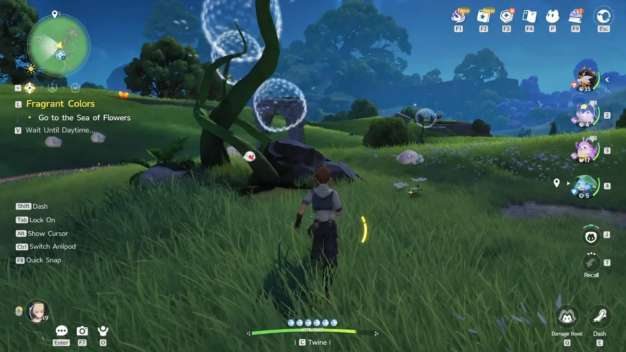 Quest tracker showing Go to the Sea of Flowers while the player waits for daytime