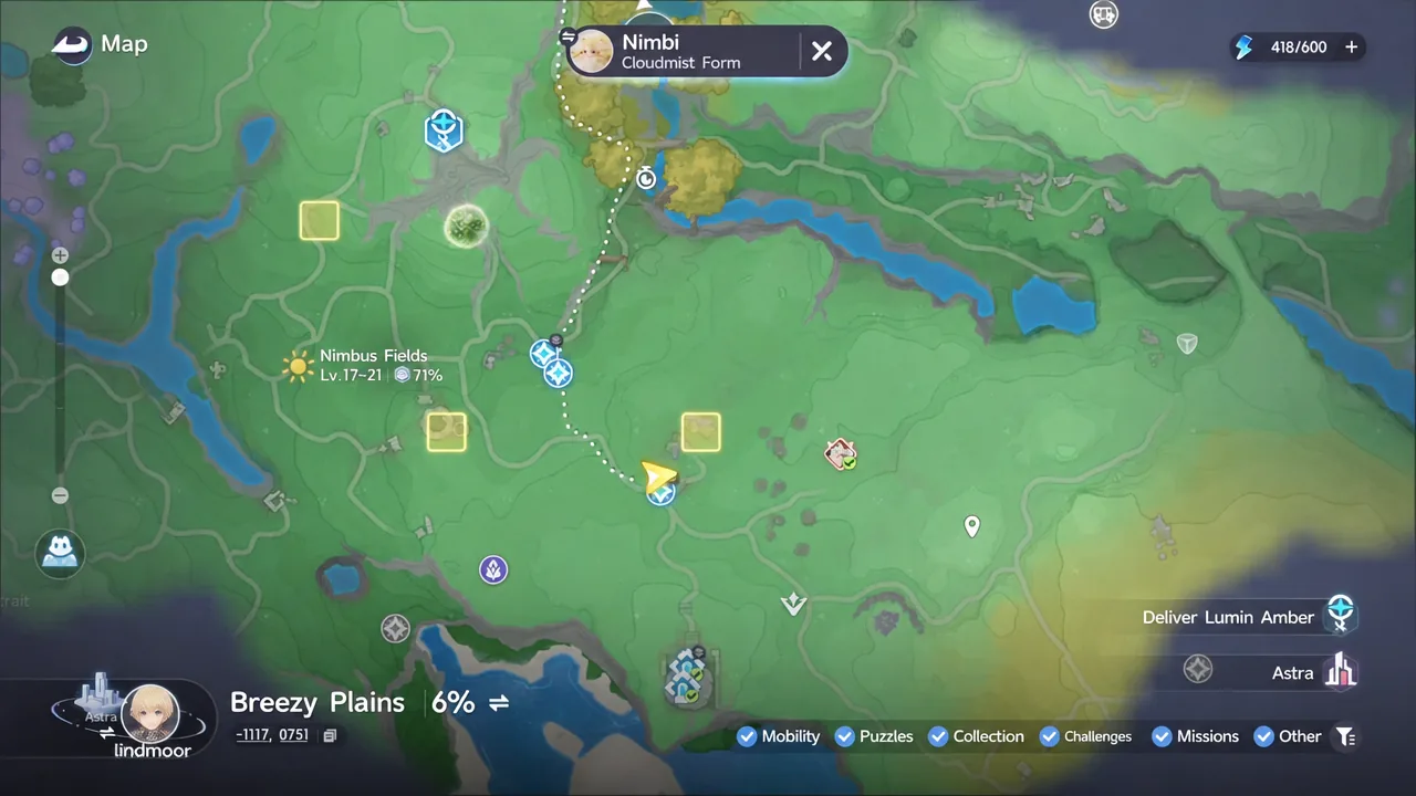 World map with Nimbus Fields highlighted and a dotted route line to the active mission
