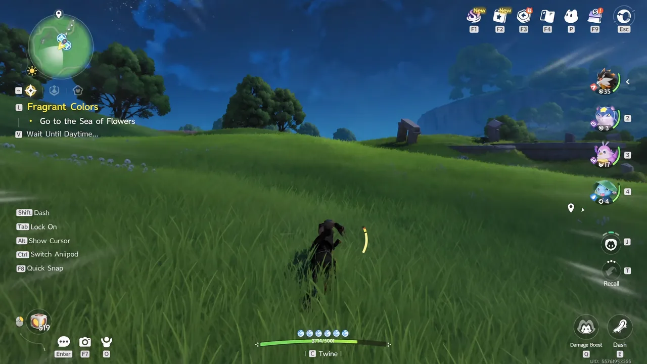 Quest tracker showing a wait-until-daytime objective while crossing a flower field