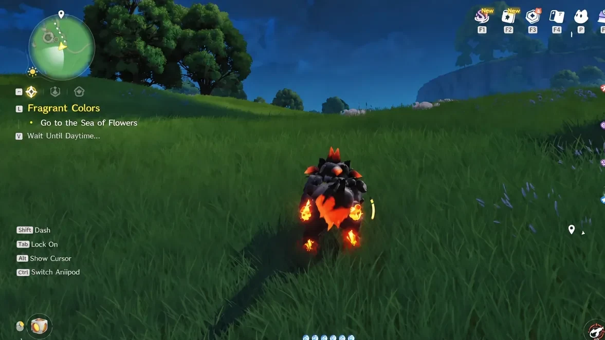Riding across the open Breezy Plains grassland with the quest tracker visible on the right