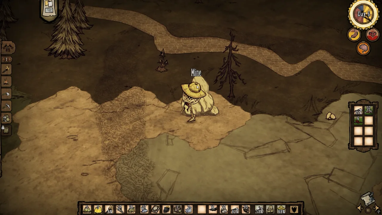 The Mine prompt highlighted over a boulder as the character swings a pickaxe