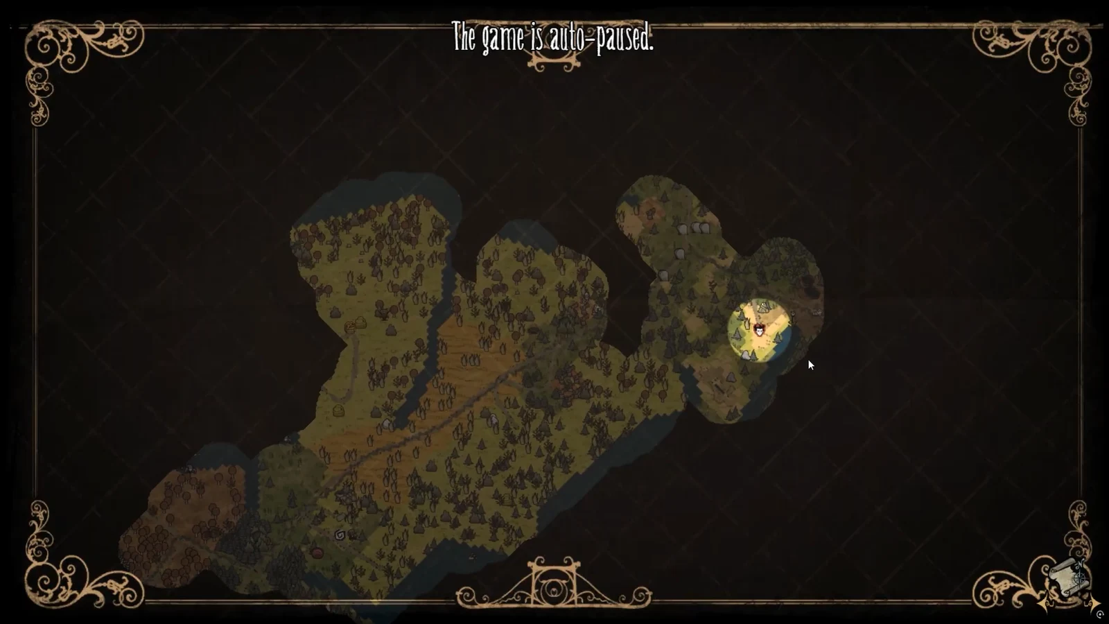 World map with explored terrain and the player marker while the game is paused