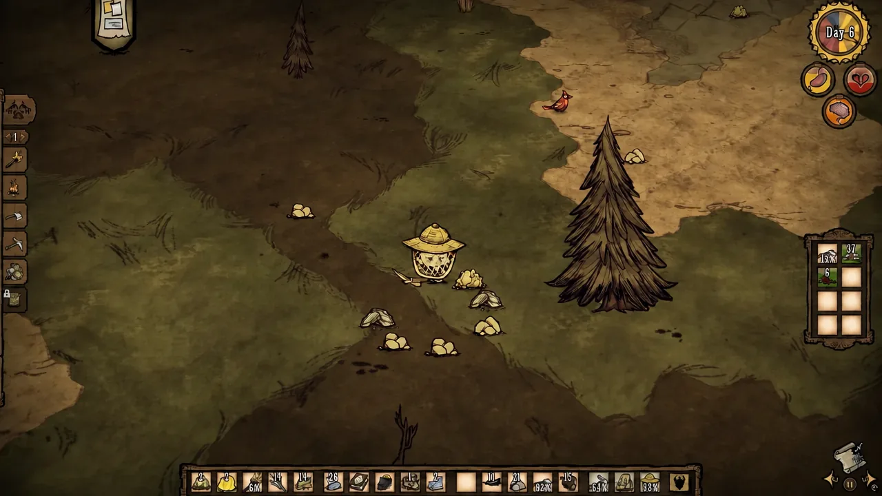 Character clearing a cluster of boulders in a rocky area with a pickaxe