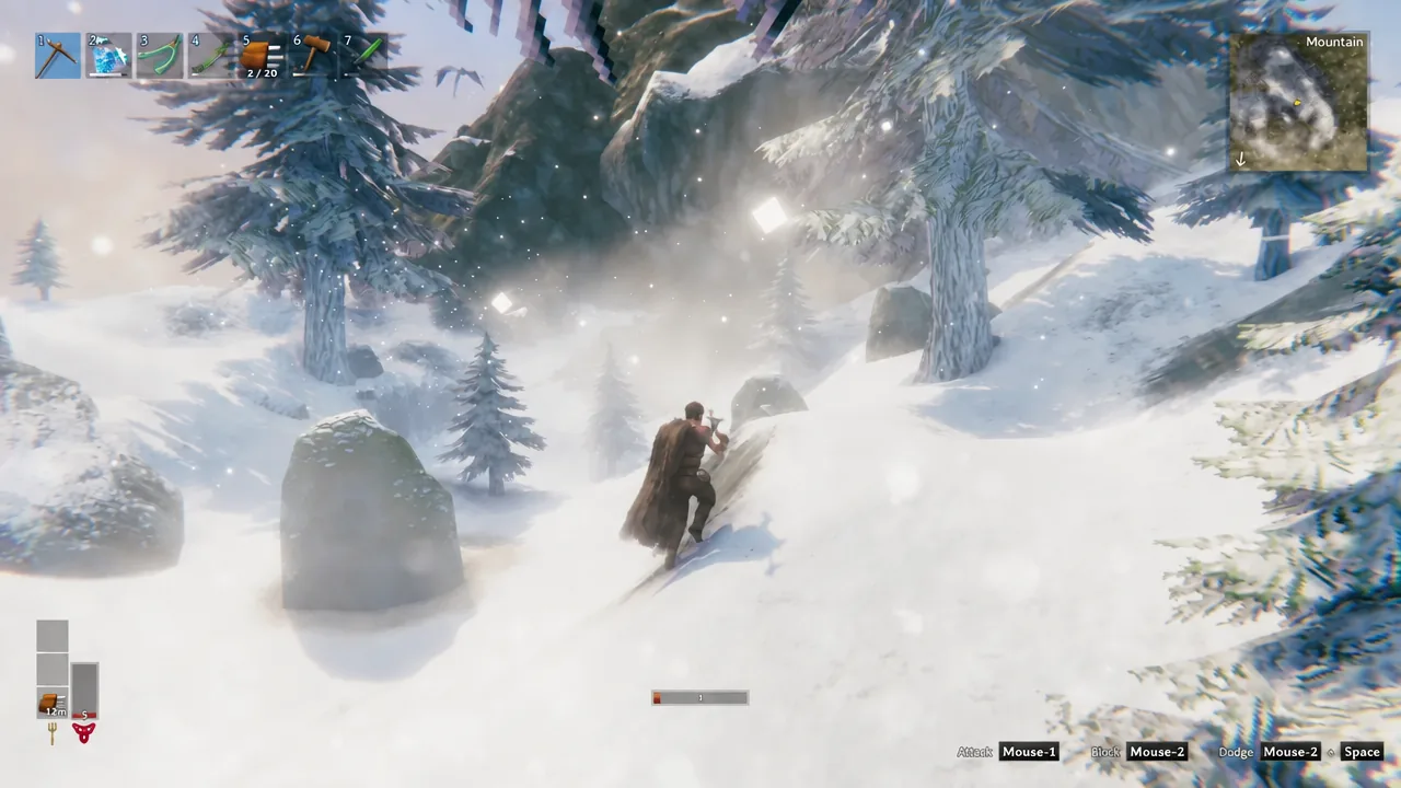 Climbing a snowy Mountain slope in Valheim while scanning the ground for dark Obsidian deposits