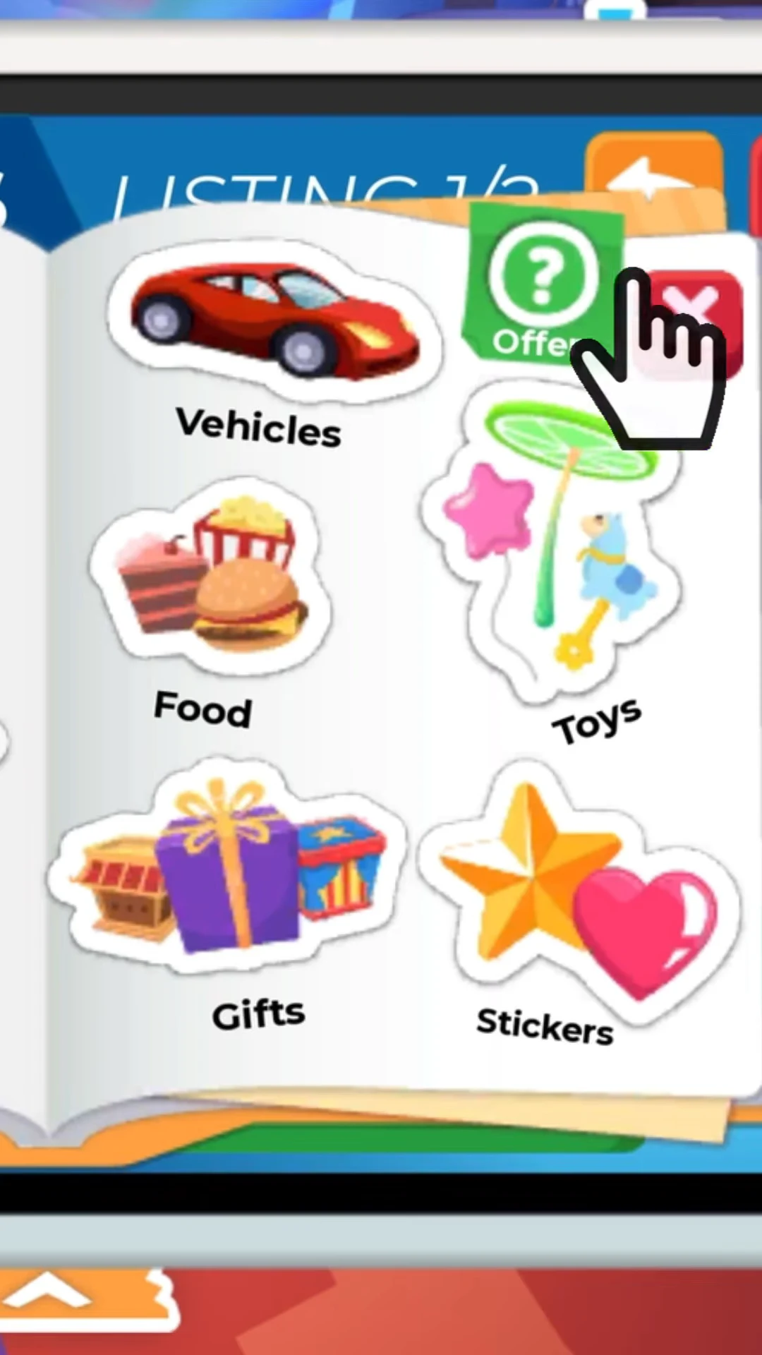 Trading Hub listing menu with the green question mark Offer button highlighted beside the item categories
