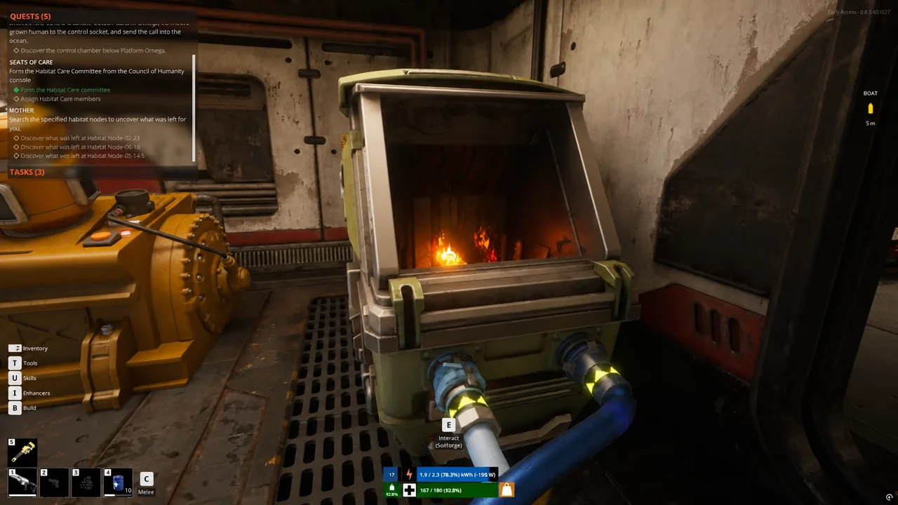 Interact prompt highlighted on a base machine unit during gameplay