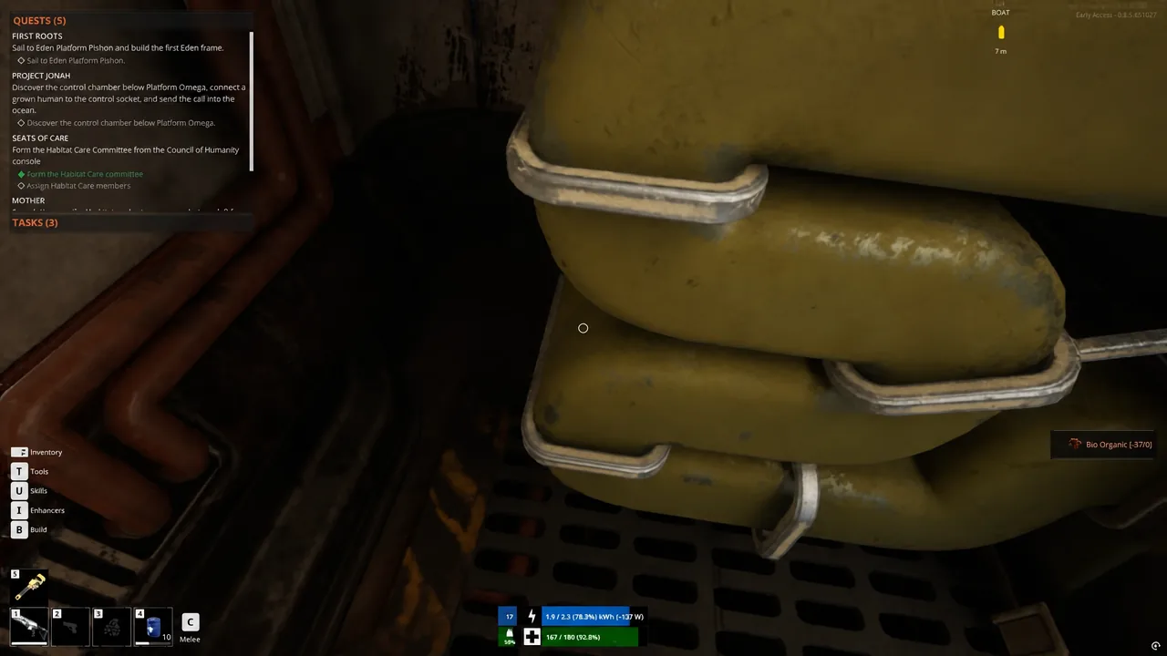 Player inspecting base pipework with the quests panel visible on the right side of the screen