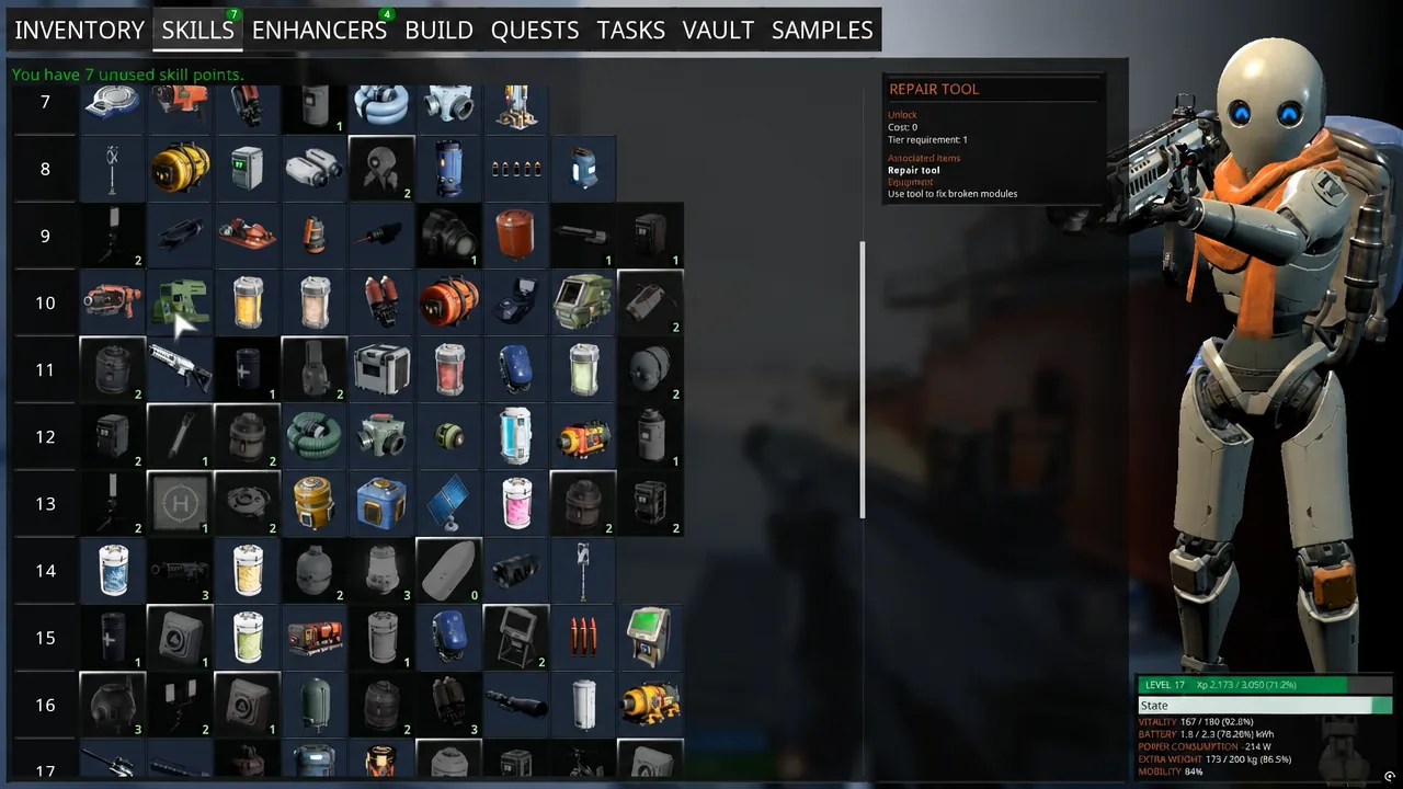 The skills menu open with an entry selected, showing its unlock requirements and allocated items