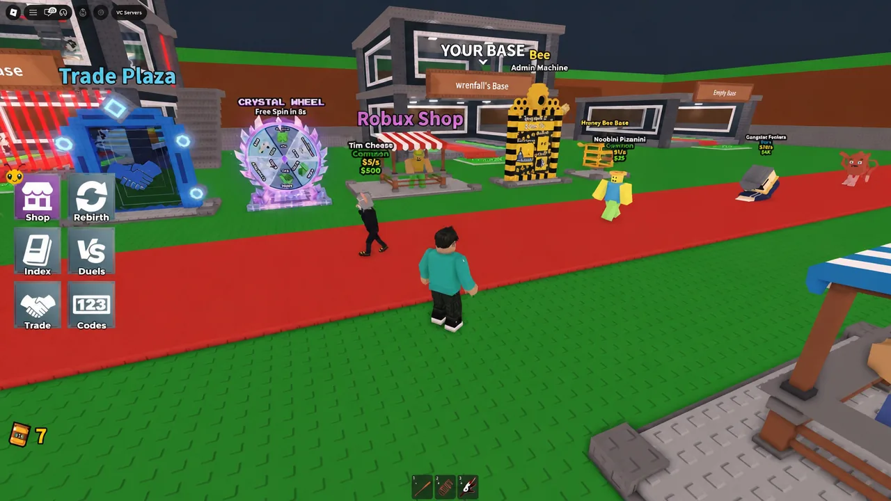 Trade Plaza screen with the Shop button visible on the way to the Robux Shop and Crystal Wheel