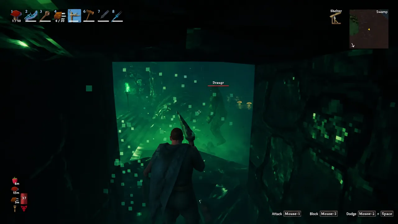 Player fighting a Draugr with a spear in the green-lit room behind a cleared scrap pile