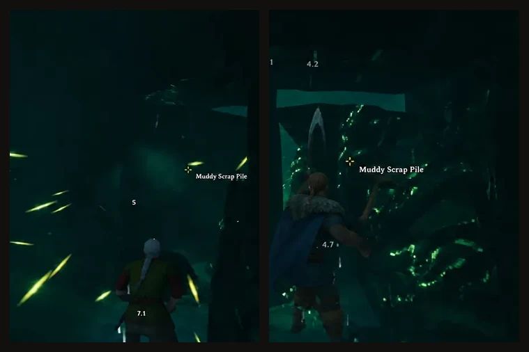 Muddy Scrap Pile targeted in a Sunken Crypt on the left and mined for scrap iron on the right