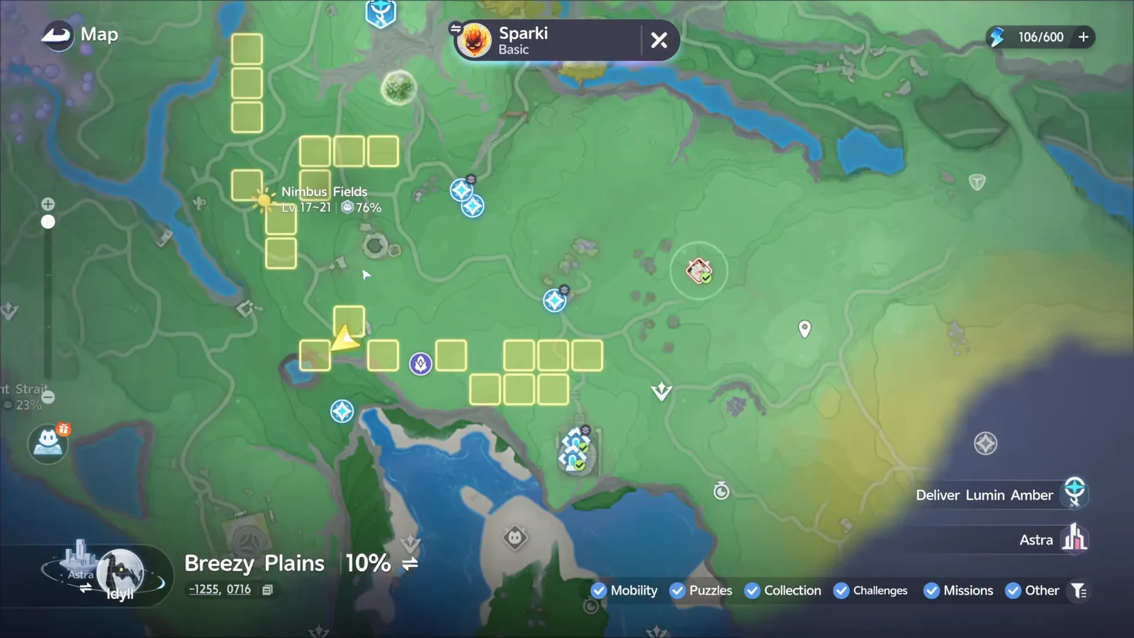 Breezy Plains map zoomed into Nimbus Fields with nearby markers and the Deliver Lumin Amber objective listed