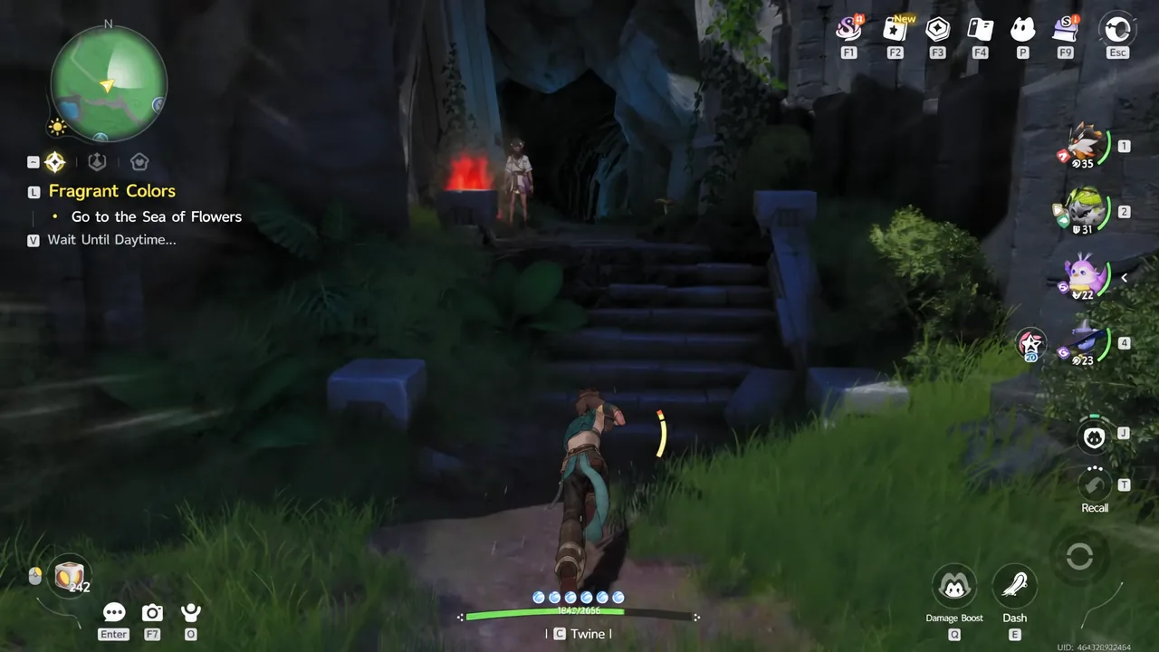 Player character heading toward the cave stairs past the campfire, with the Fragrant Colors quest tracker on screen