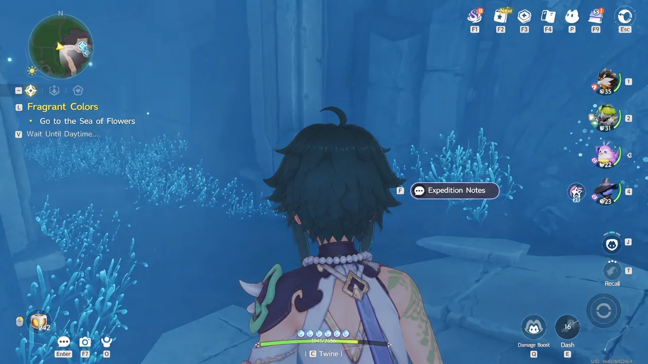 Interaction prompt for Expedition Notes highlighted on the cave floor