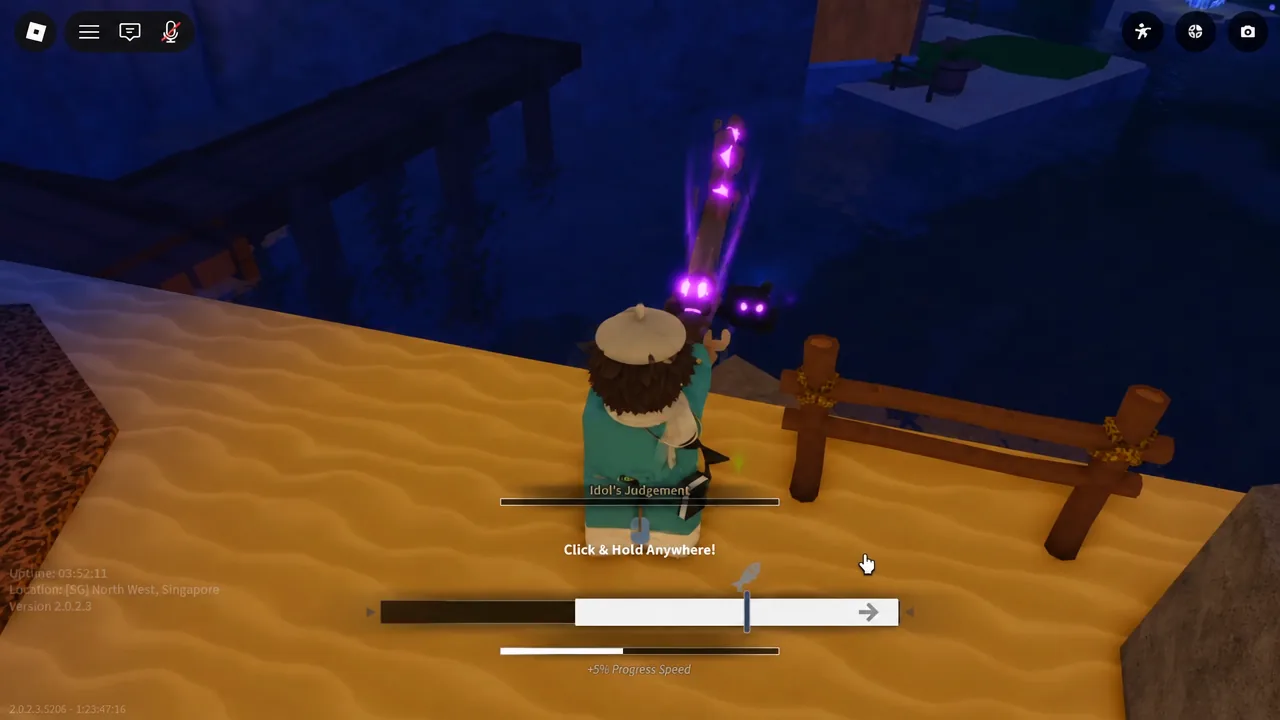 Idol's Judgement prompt telling the player to click and hold anywhere to fill the bar