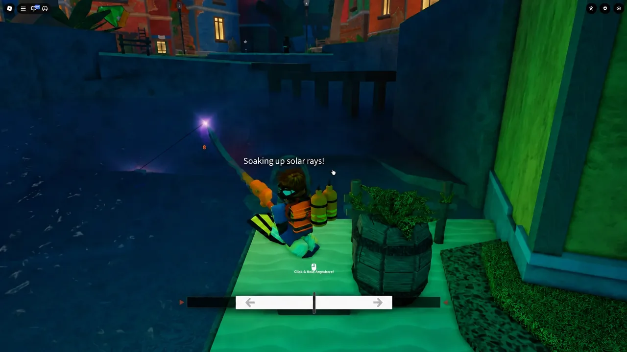 Fisch gameplay with a glowing rod equipped and the Click & Hold Anywhere casting prompt on screen