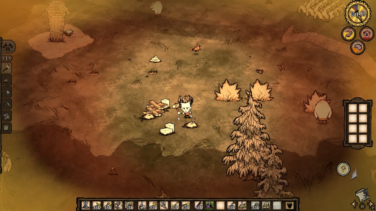 Pigs wander a clearing near wooden houses after a structure is smashed