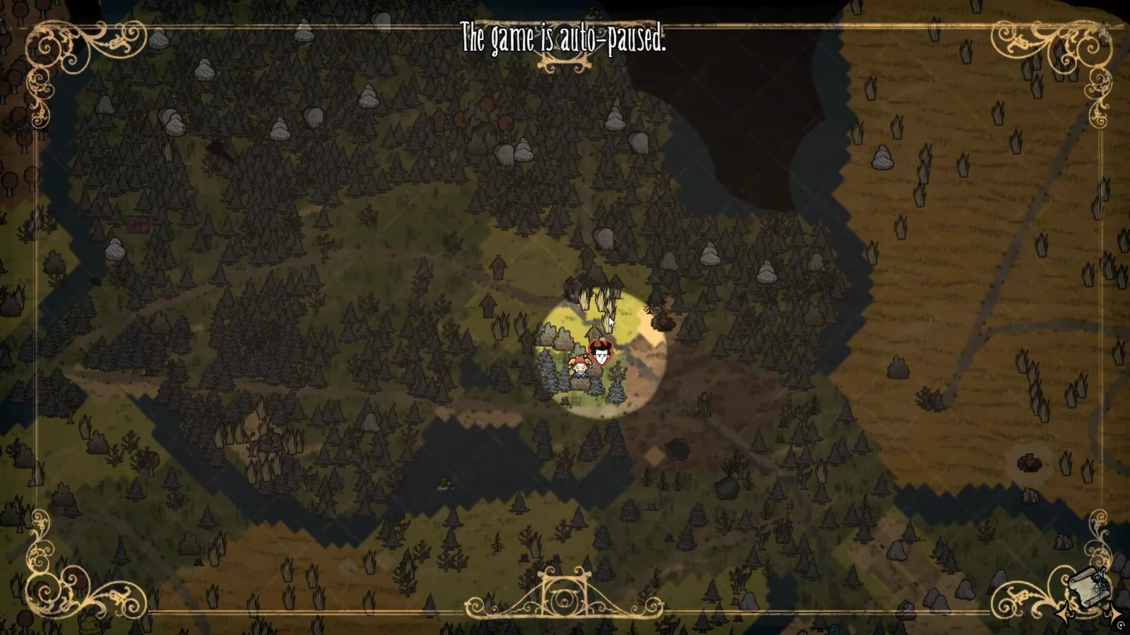 World map paused while characters stand in a forest clearing near Pig Houses