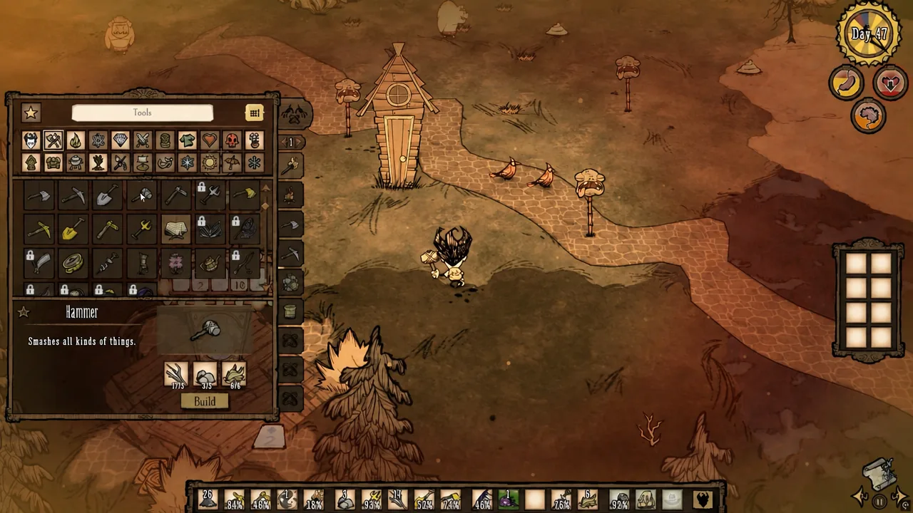 Hammer recipe selected in the Tools menu with the Build button highlighted