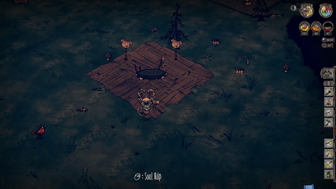 Character standing on a wooden platform with an on-screen action prompt visible
