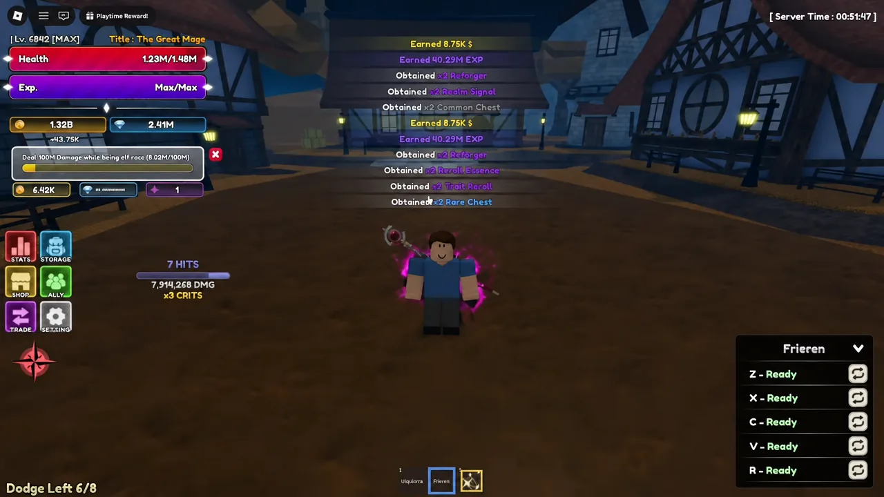 Hotbar with the Frieren weapon slot highlighted as reward notifications stack up during the damage grind