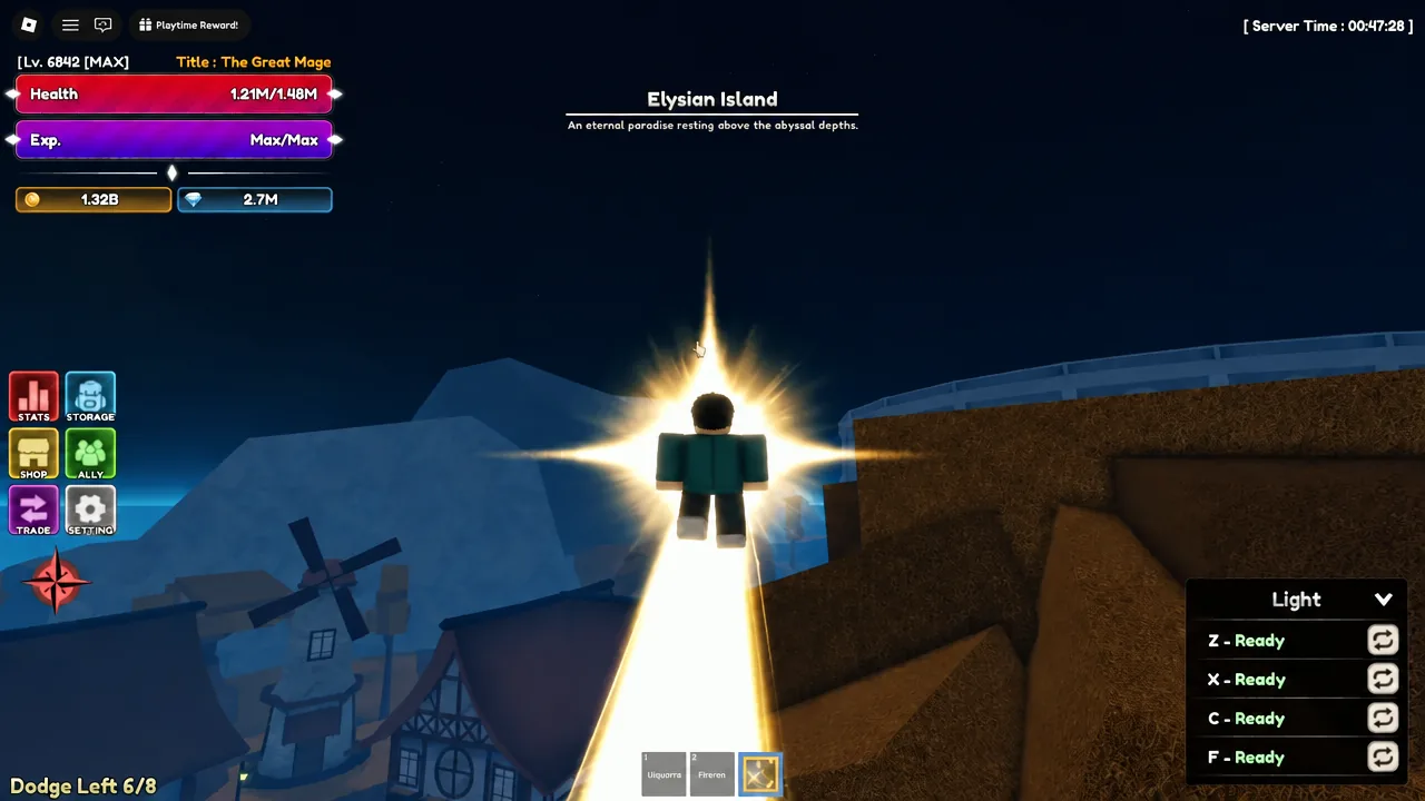 Player using the Light ability to fly upward over Elysian Island while searching for the Pink Elf NPC