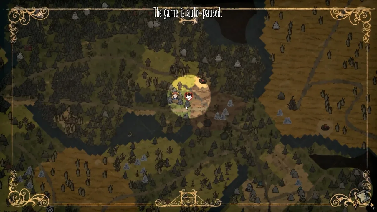 Character standing still while the game shows its auto-paused state during a map check